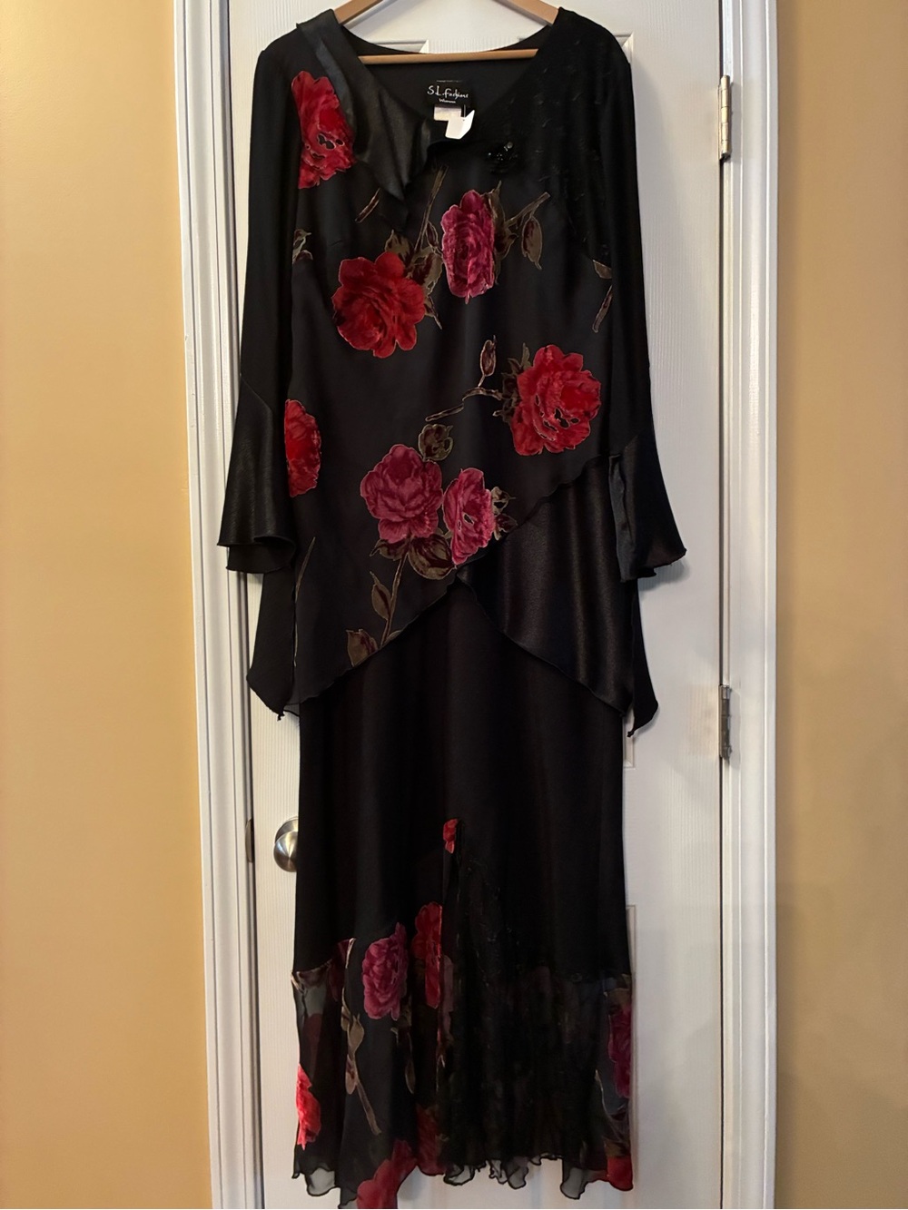 Black Granny Core Floral Evening Dress with Red and Pink Velvet Roses Sheer